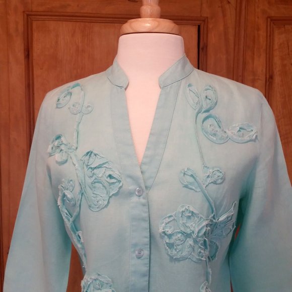 Charter Club 100% Linen Turquoise Blue Button Down Collarless TopSize 10 - Picture 3 of 7